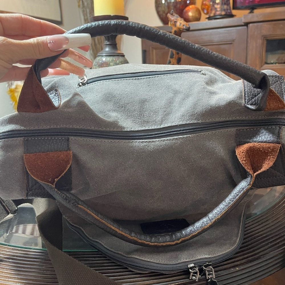 K2 fashion canvas,shoulder bag, gray and leather Crossbody messenger, large hobo - Picture 8 of 10
